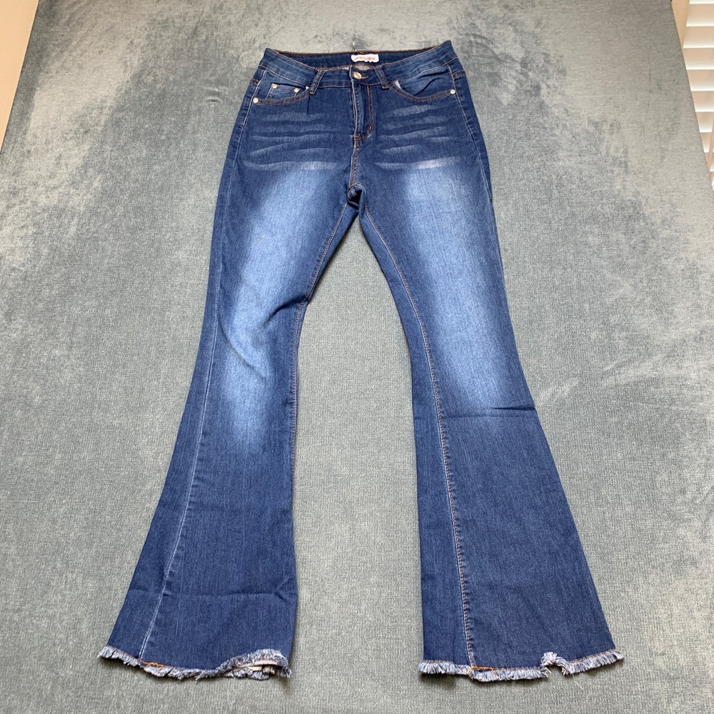Red Bottoms Jeans Womens 11x30 Blue Denim Cotton Stretch Flare Leg Frayed Hem